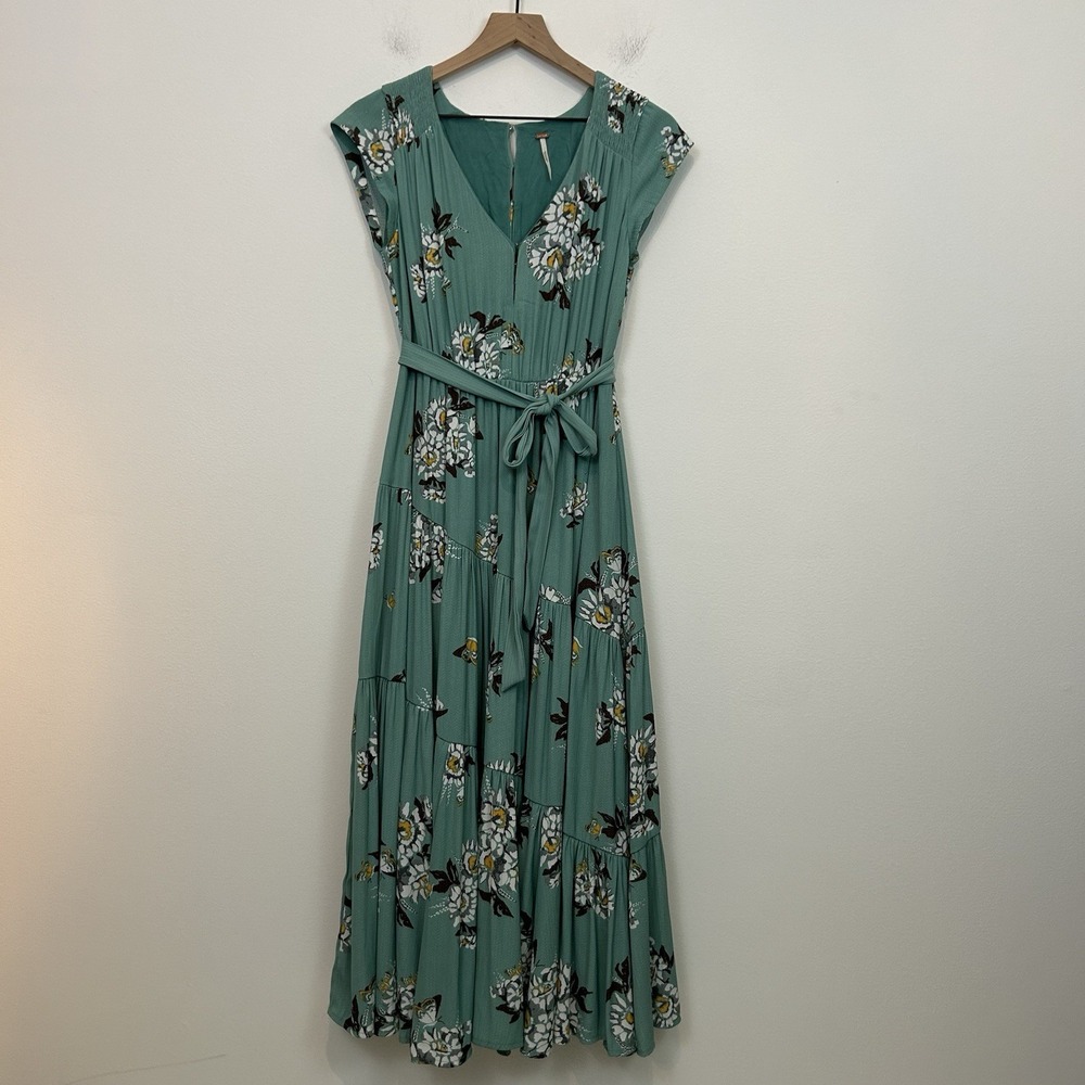 Free People Size 0 All I Got Floral Printed Maxi Dress Green Tiered Boho - Picture 2 of 16